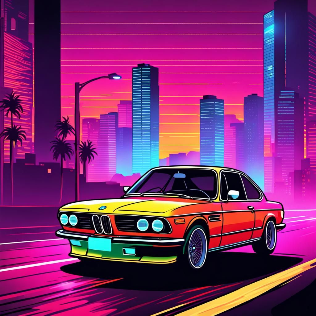 A BMW E9 3'0csi driving on the road with buildings in the ba...