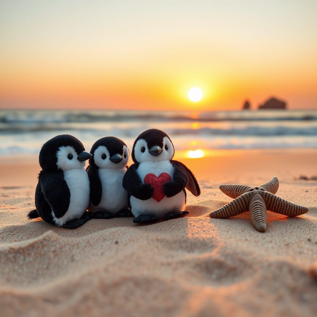 Plush Penguins Enjoy Sunset on Sandy Beach
