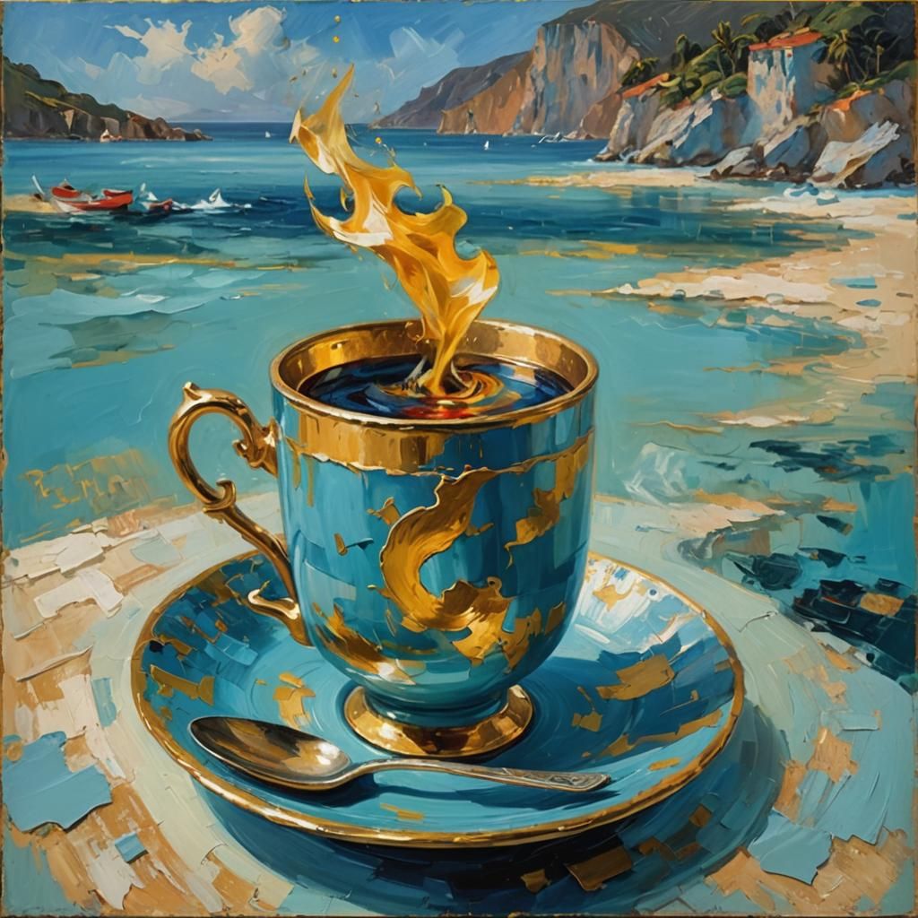 Elegante Tasse mit mystischem Rauch, im Hintergrund blaue La...