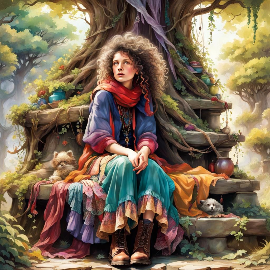 A melancholic, free-spirited woman with wild, curly hair and...
