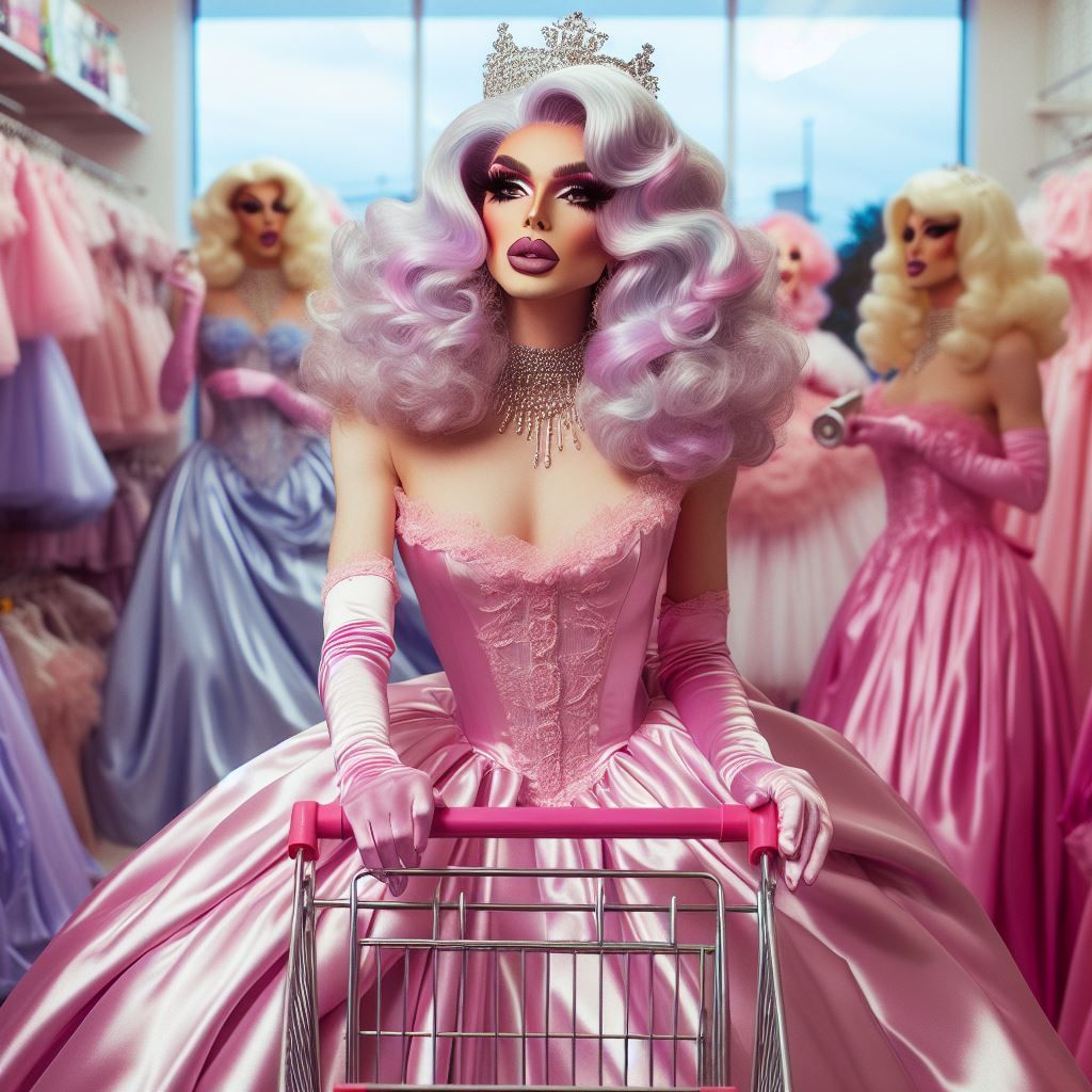 Satin Wonderland of Sissy Dresses and Wigs and Gloves and Makeup Mirrors. Poofy Princess Extravagant Ultra Femme Drag Qu...