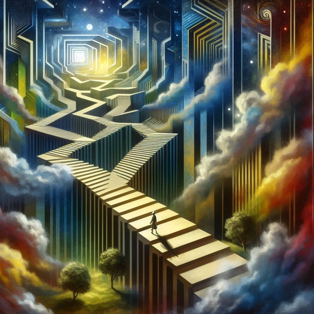 a labyrinthine staircase that climbs towards infinity