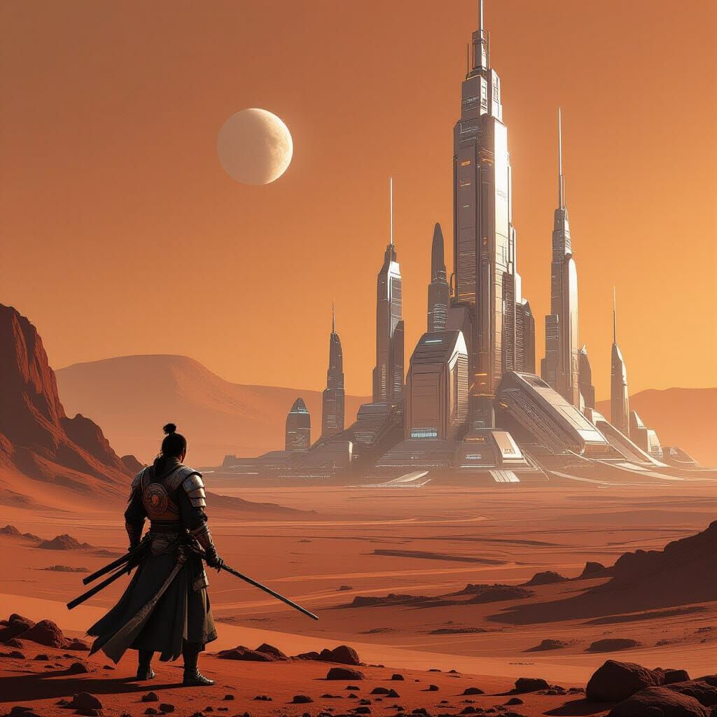 A lone samurai warrior stands on a desolate Martian plain, gazing at a sprawling, futuristic city in the distance. The city is a marvel of s...