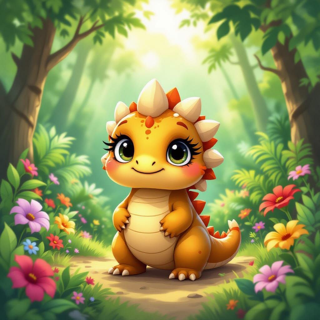Cute Fluffy Dinosaur in Lush Prehistoric Jungle