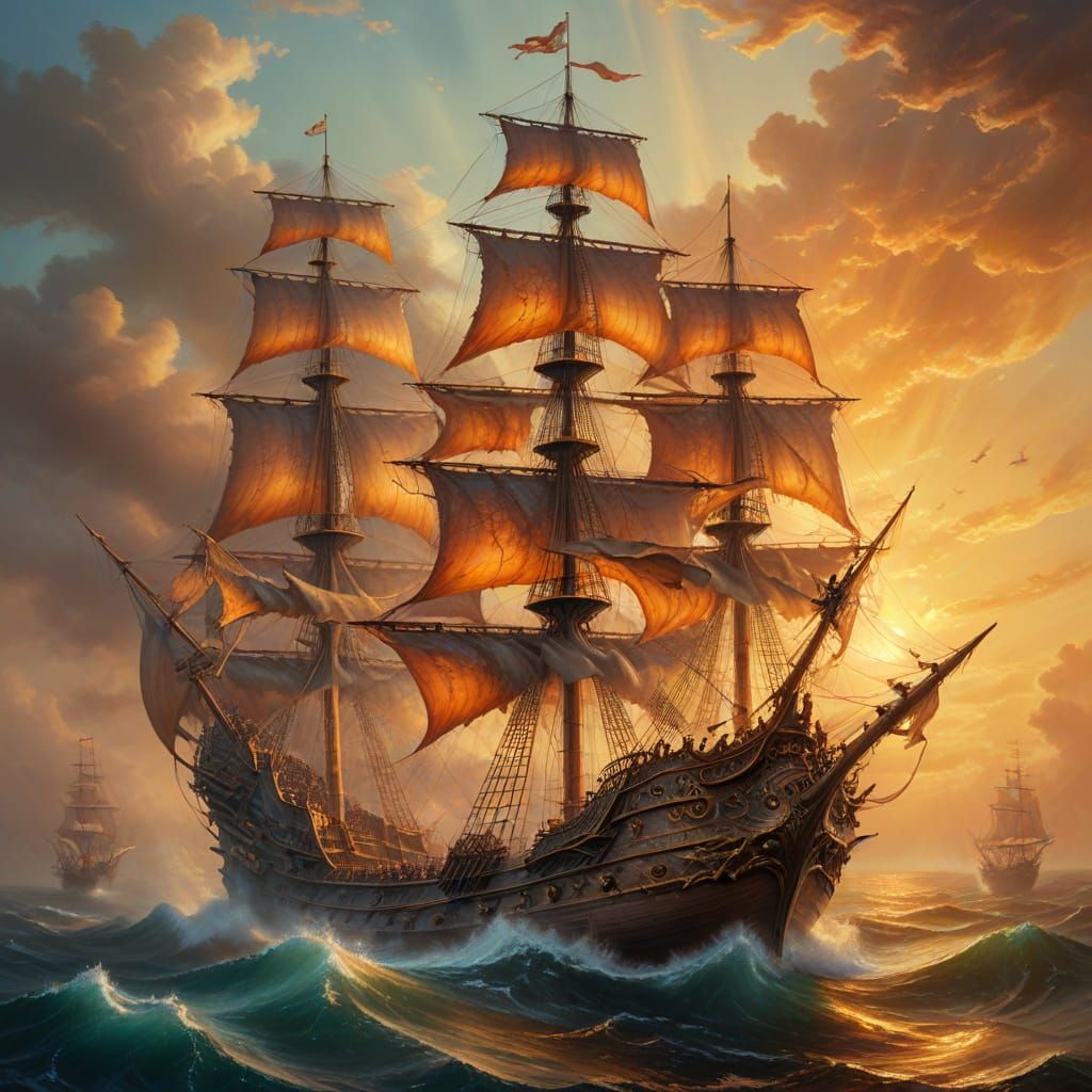 a three masted galleon, realistic oil painting  by @Rocky Rochfort