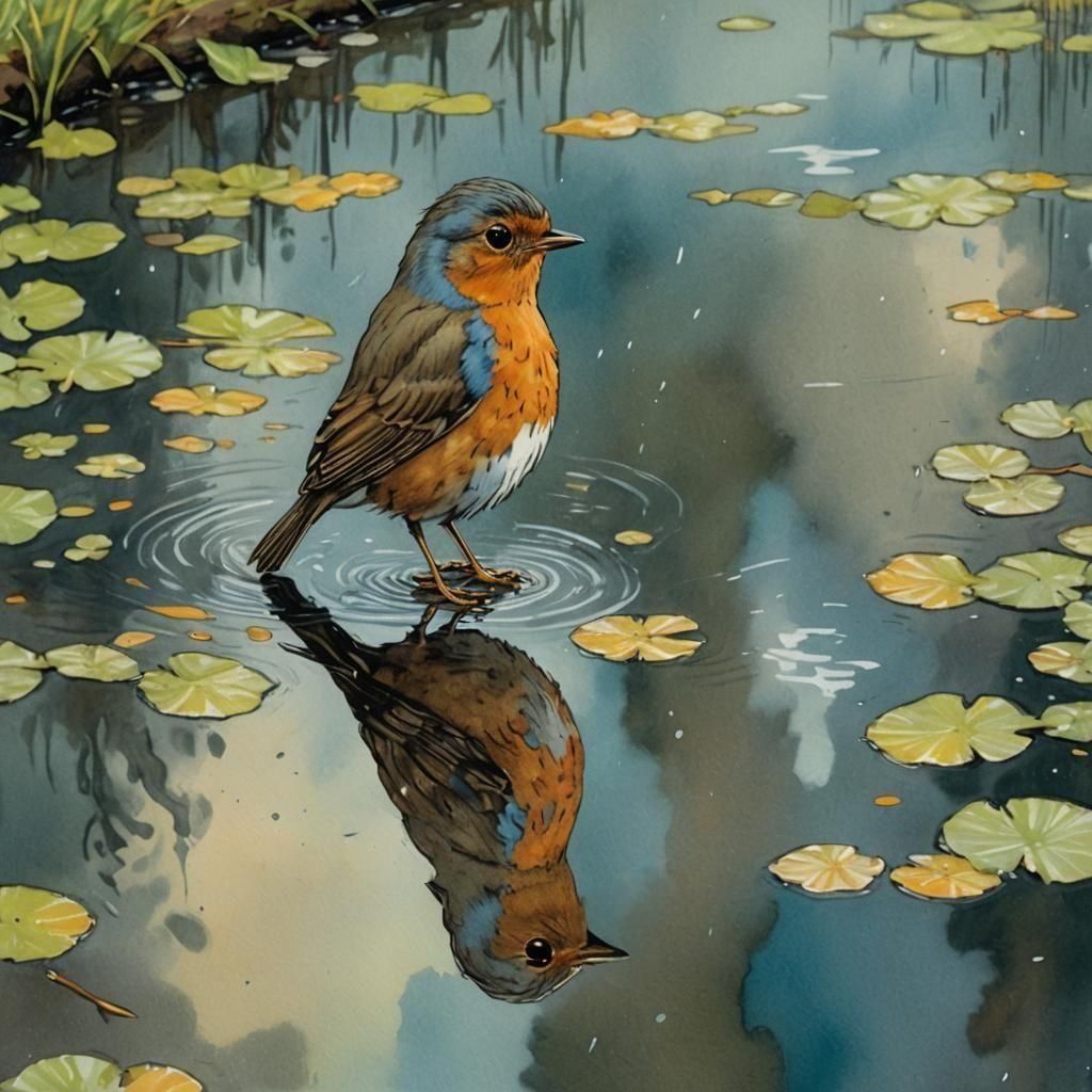 Cute fluffy Robin looking at its reflection in a puddle in a...