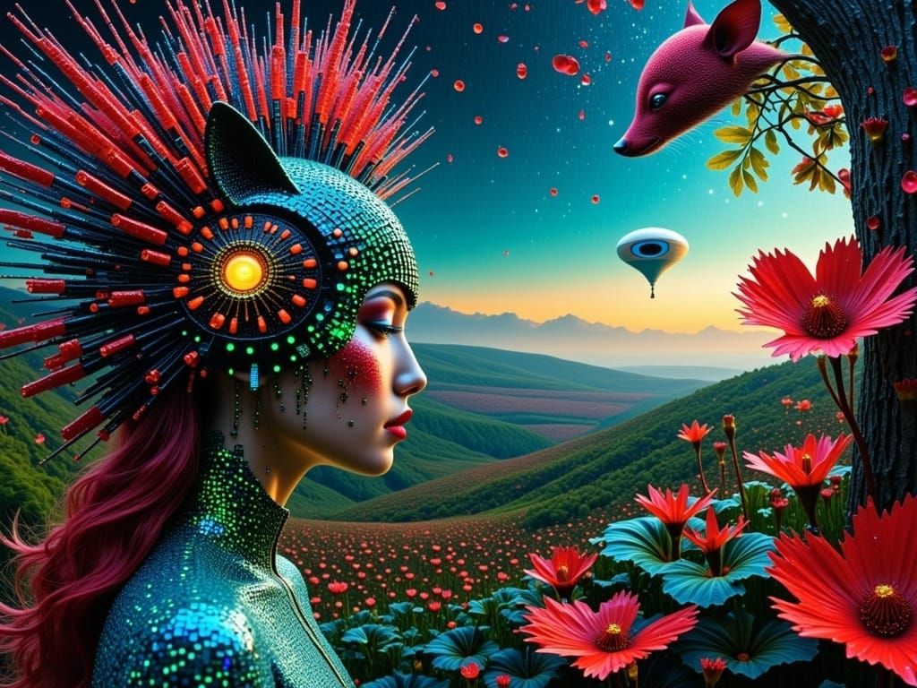 "human woman head with little shiny digital ruby and onyx cat helmet"; diamonds and blue opal spikes; overhead point_of_view; icy blue 0s an...