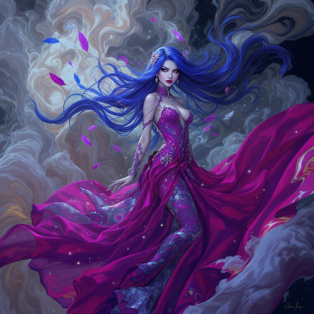 Elegant Girl with Blue Hair in Fractal Art Style