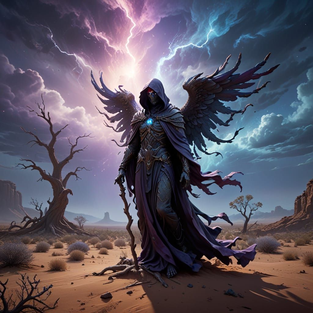 Ethereal Angel of Death in a Vast Desert Landscape