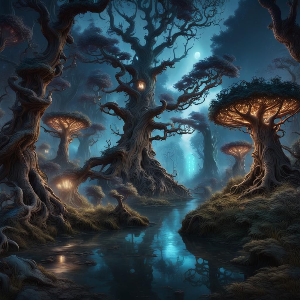 Enchanted forest at night, with bioluminescent trees - AI Generated ...