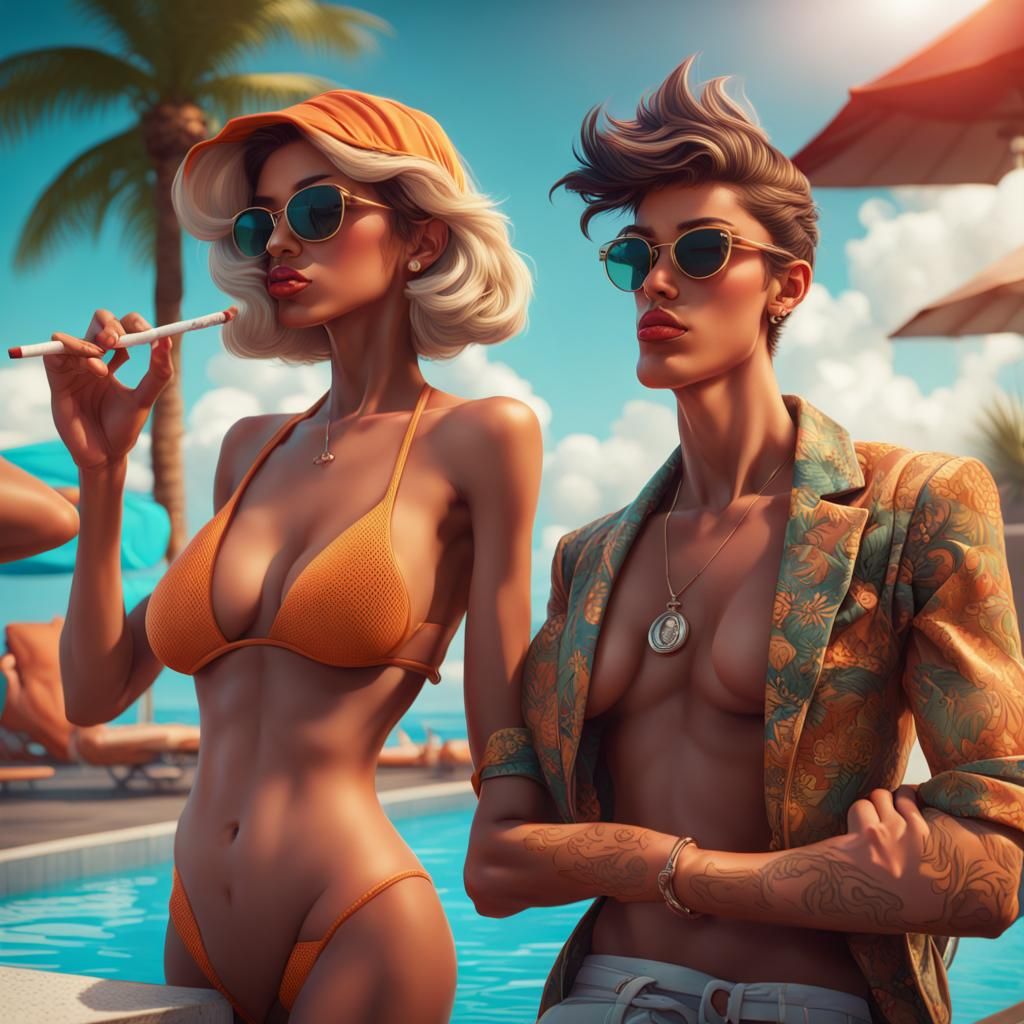 create a cartoon of two stylish boys smoking with women in b...