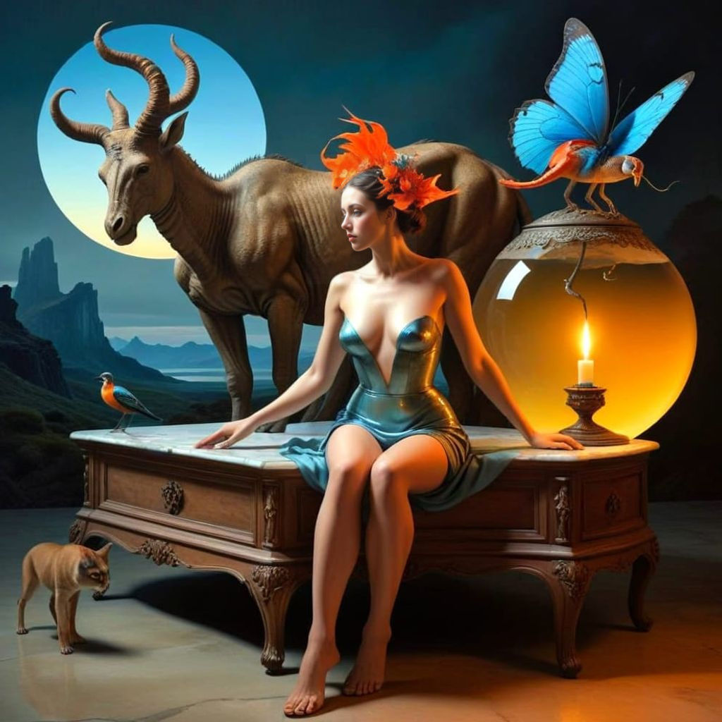 Surrealistic Lady Confronts Fantastic Creature in Vibrant La...