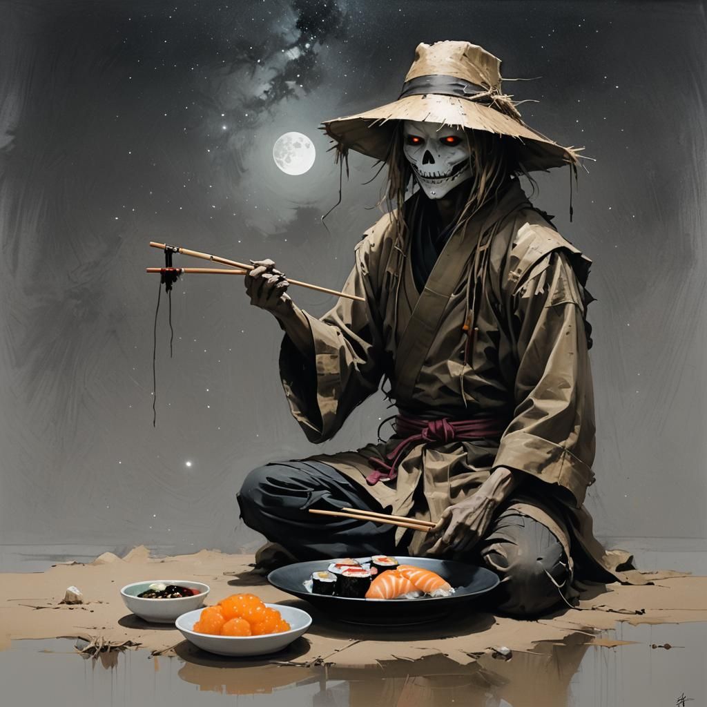 Scarecrow Eating Sushi Desert Oasis Starry Selective Coloring  Synthwave.  Mark Demsteader, Artgerm.  by @Kedrian