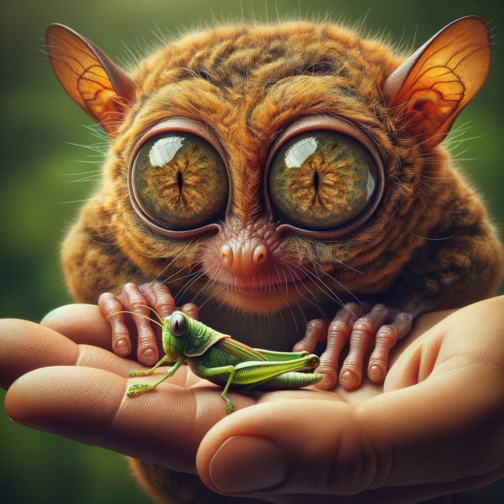 A Tarsier's Intimate Moment with a Grasshopper in Stunning H...