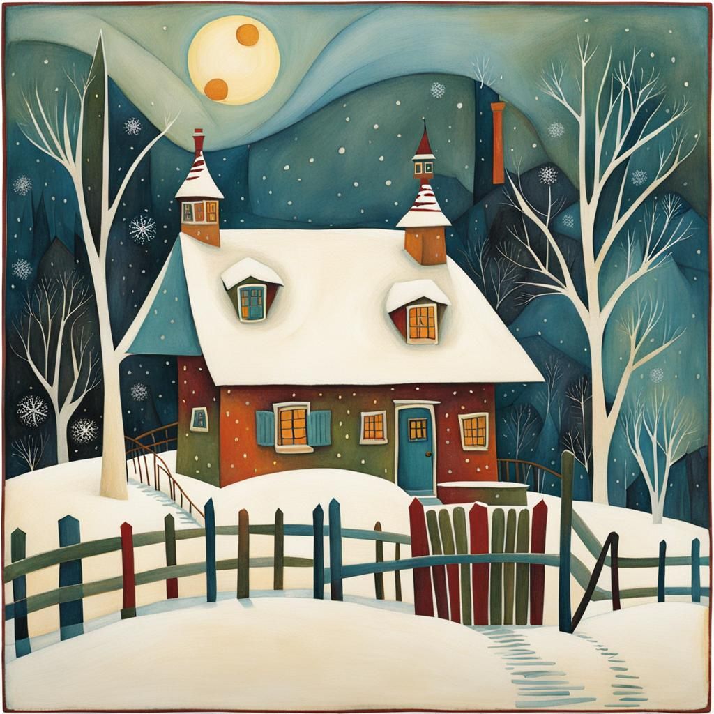 cozy cottage in the snow, by Anna Silivonchik, Paul Klee and...