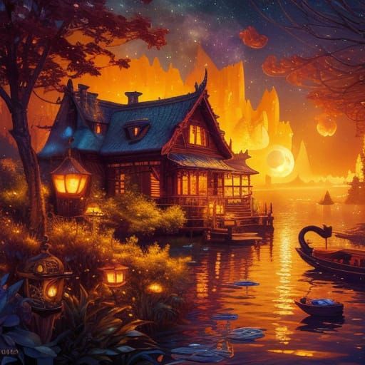 Enchanting Starlit Houseboat in Whimsical Fantasy Art