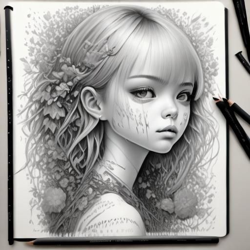 graphite, notebook, black and white, monotone, <lora:Heug-Yeon Migseu:1.0>