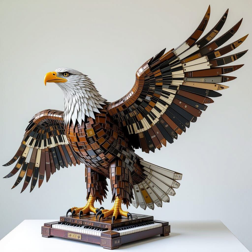 Eagle crafted from intricately arranged salvaged piano parts  by @blenta