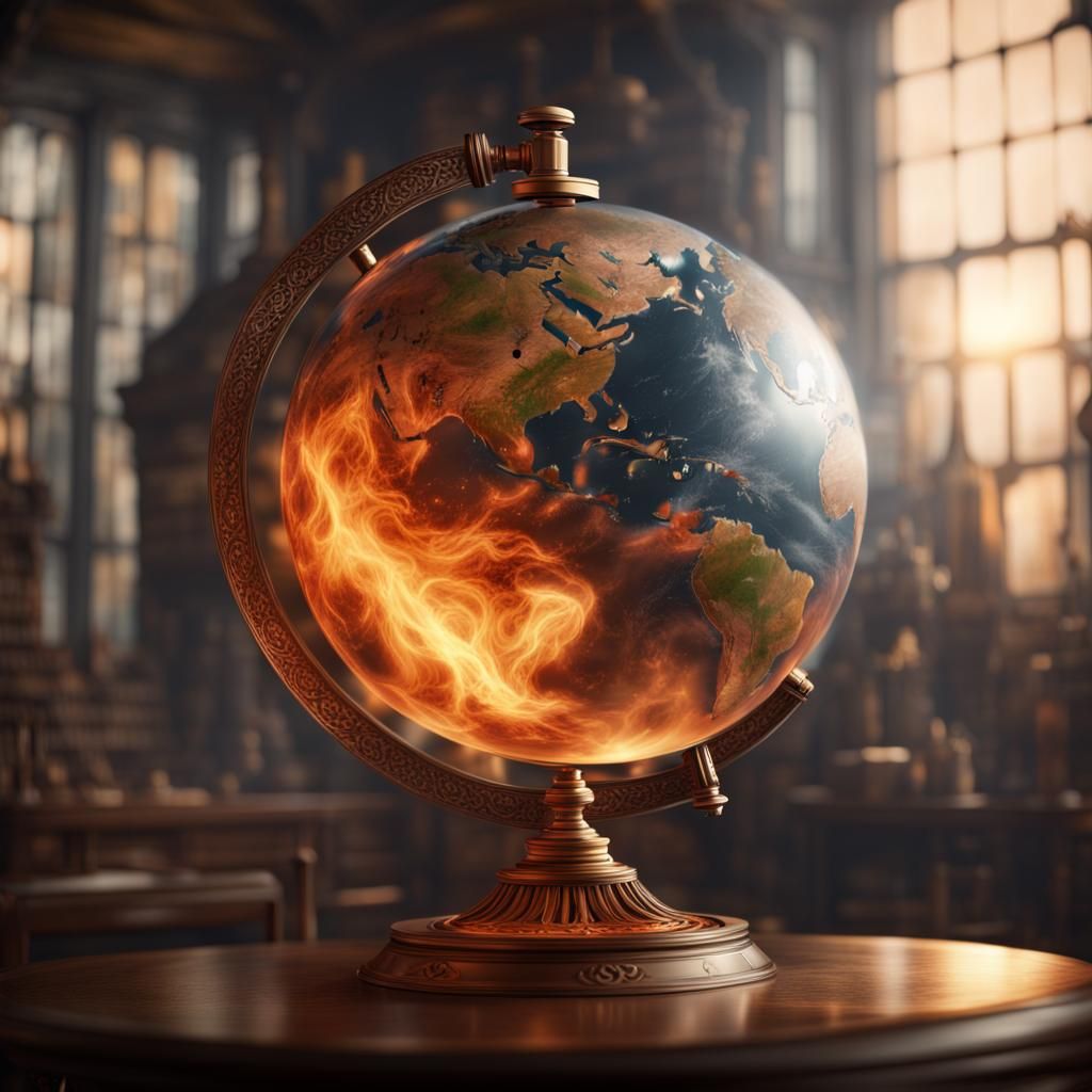 A globe of the world transparent with fire inside it and a t...