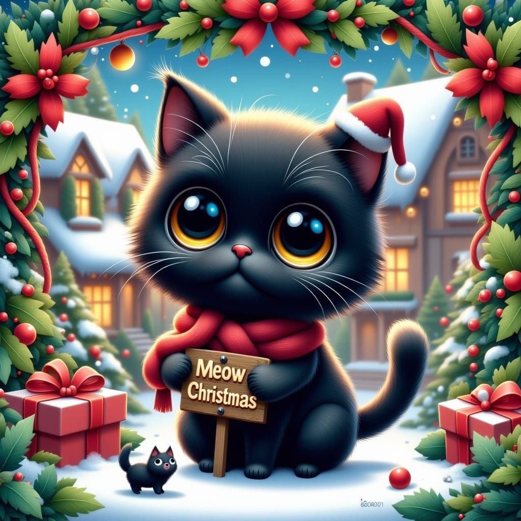 Whimsical Chibi Black Cat Celebrates Meow Christmas
