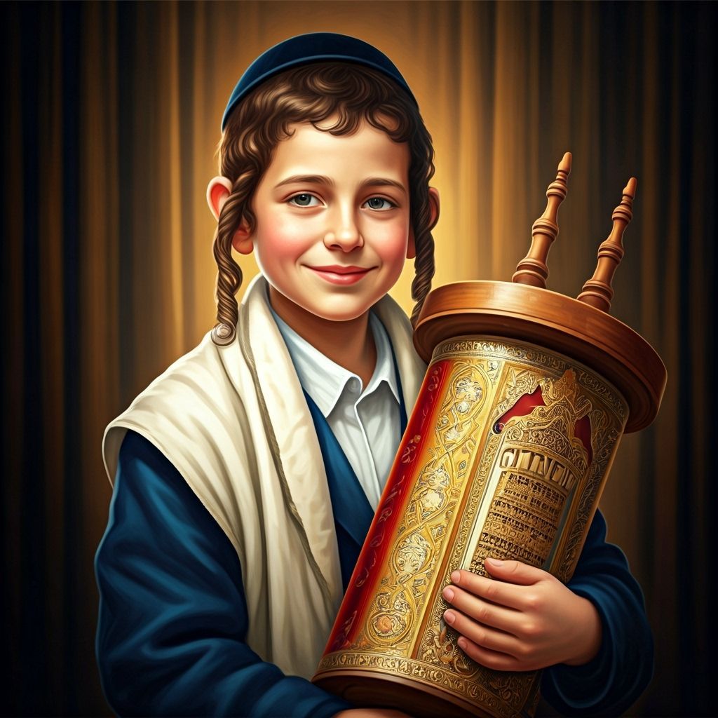 A Jewish boy wearing Shabbat clothes and a shtreimel, smiling, in Hasidic attire and appearance, holding an Ashkenazi Torah scroll in his ha...