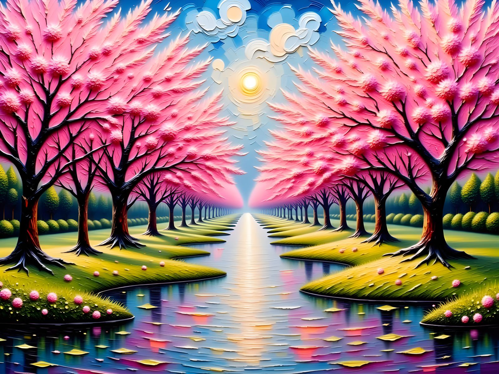 Vibrant cherry blossom trees in full bloom, set amidst a serene park with winding paths and tranquil ponds, depicted in a rich, textured imp...