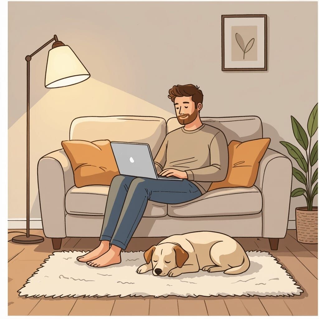 Minimalist hand-drawn comic style. Close-up of a sleeping Labrador’s face. One paw twitches slightly. A transparent dream bubble above the h...