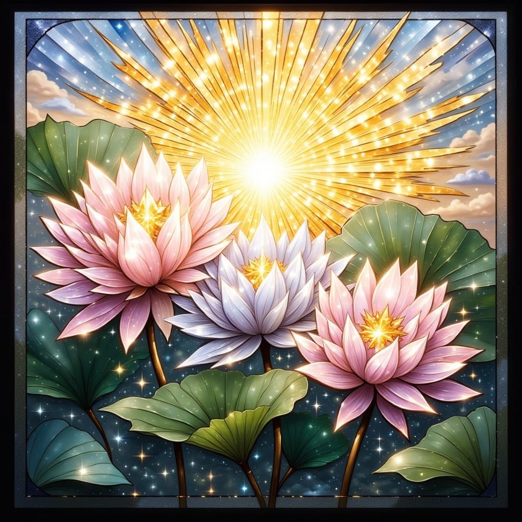 A luminous stained glass window depicting three blooming lotus flowers in the foreground, glowing in soft pastel tones of pink, peach, lavender