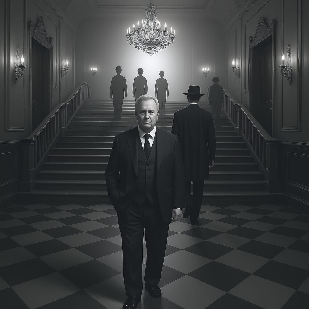 <lora:1930s noir:1.0> A large staircase feeds into the Lobby of the hotel. A portly man is walking down the staircase. He is about sixty yea...