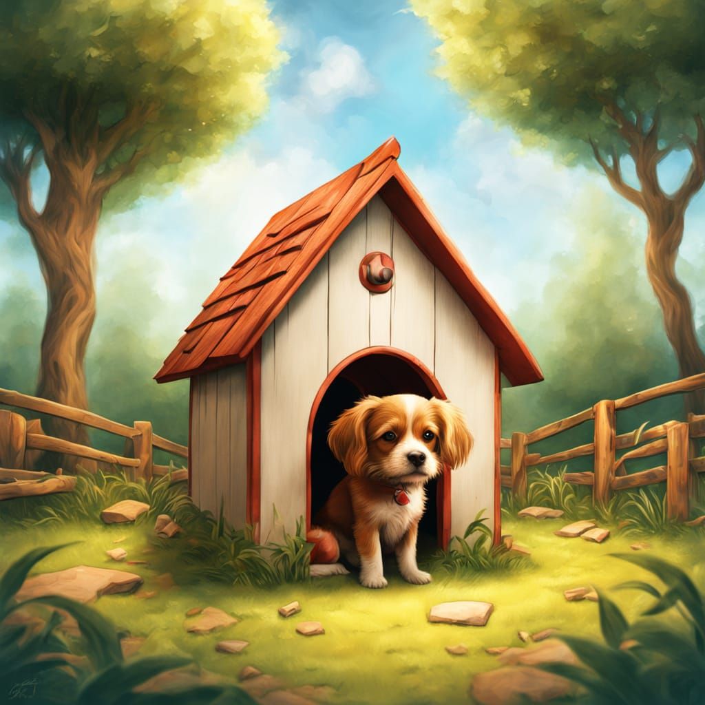 A doghouse with a dog. intricate details, HDR, beautifully shot, hyperrealistic, sharp focus, 64 megapixels, perfect composition, high contr...