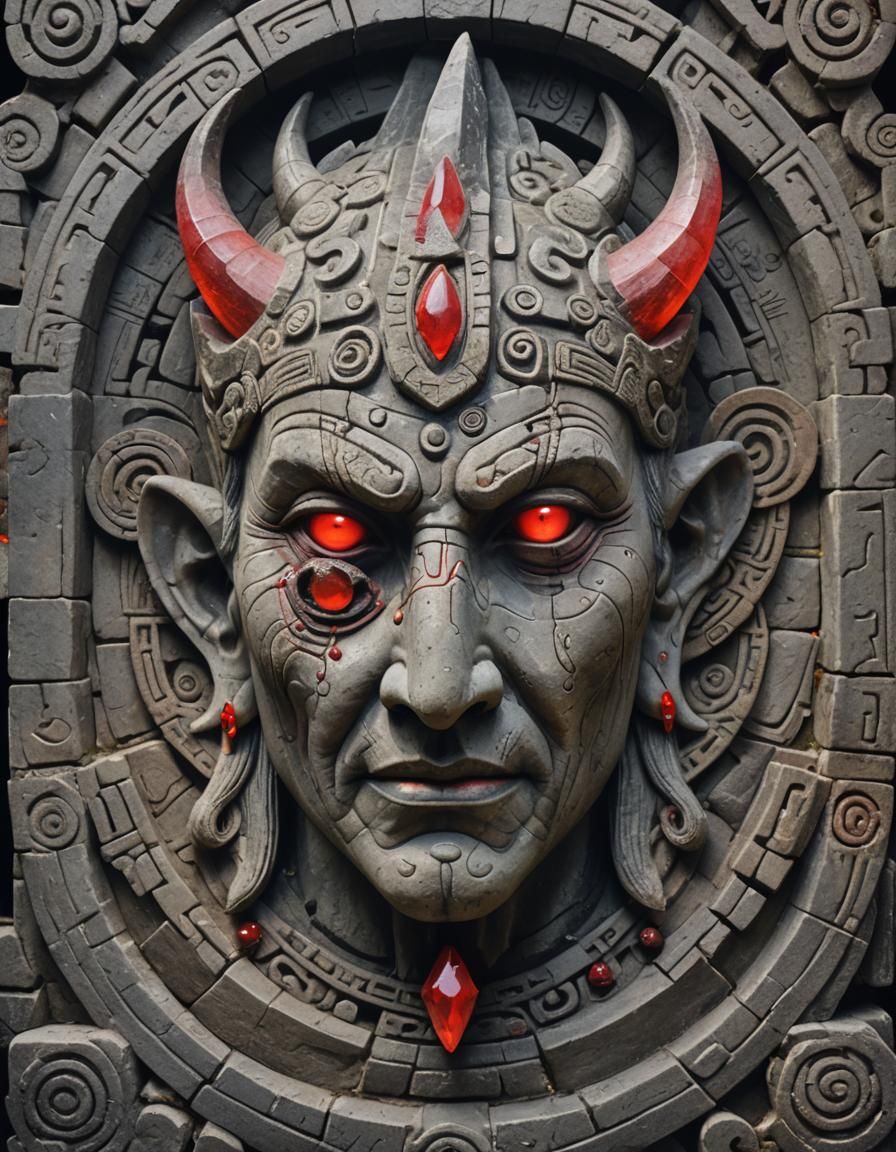 scenic picture of a ancient gambling god, grey stone face, p...