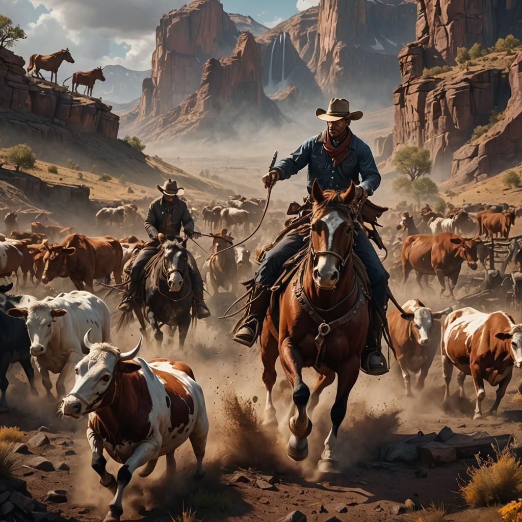 Cowboy on cutting horse separating cow from hurd