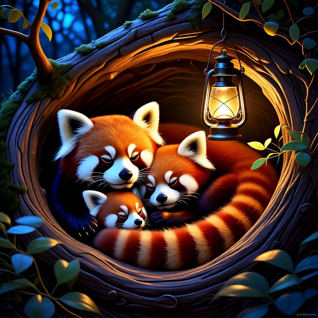 Cozy Red Panda Family & Lantern