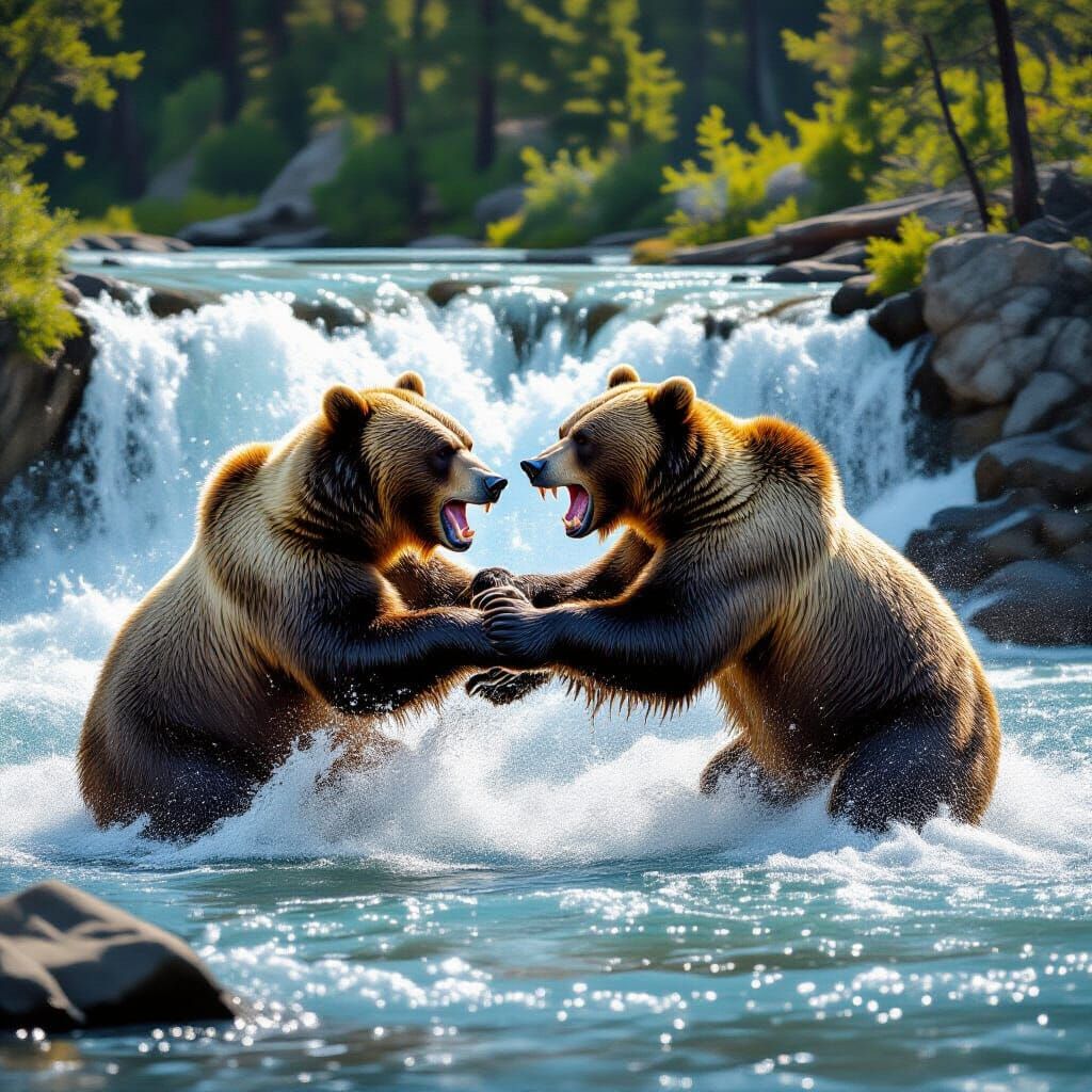 Grizzly Bears Fight in Yellowstone River