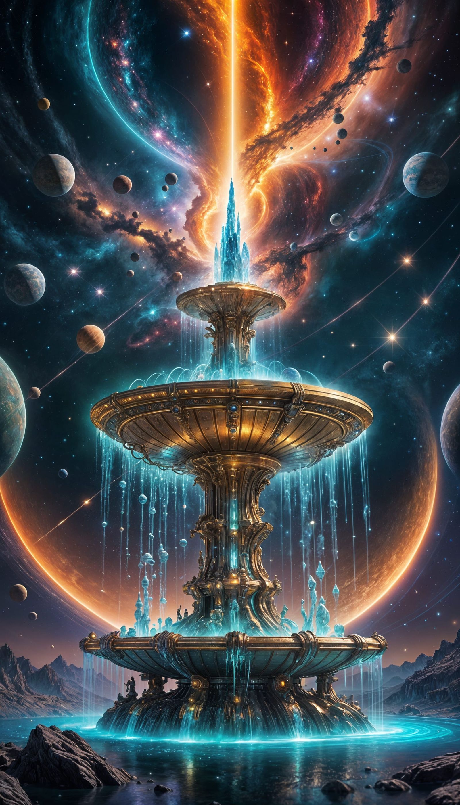 A magical fountain in the outer space, Glowing the solar system, mercury to Uranus, radiant, colorful ...  by @Modi19