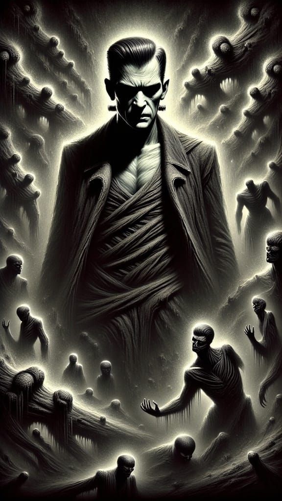 <lora:Dark Expressionism:1.8> Classic Frankenstein, a haunting yet unforgettable quality, very intricate, Dark Expressionism