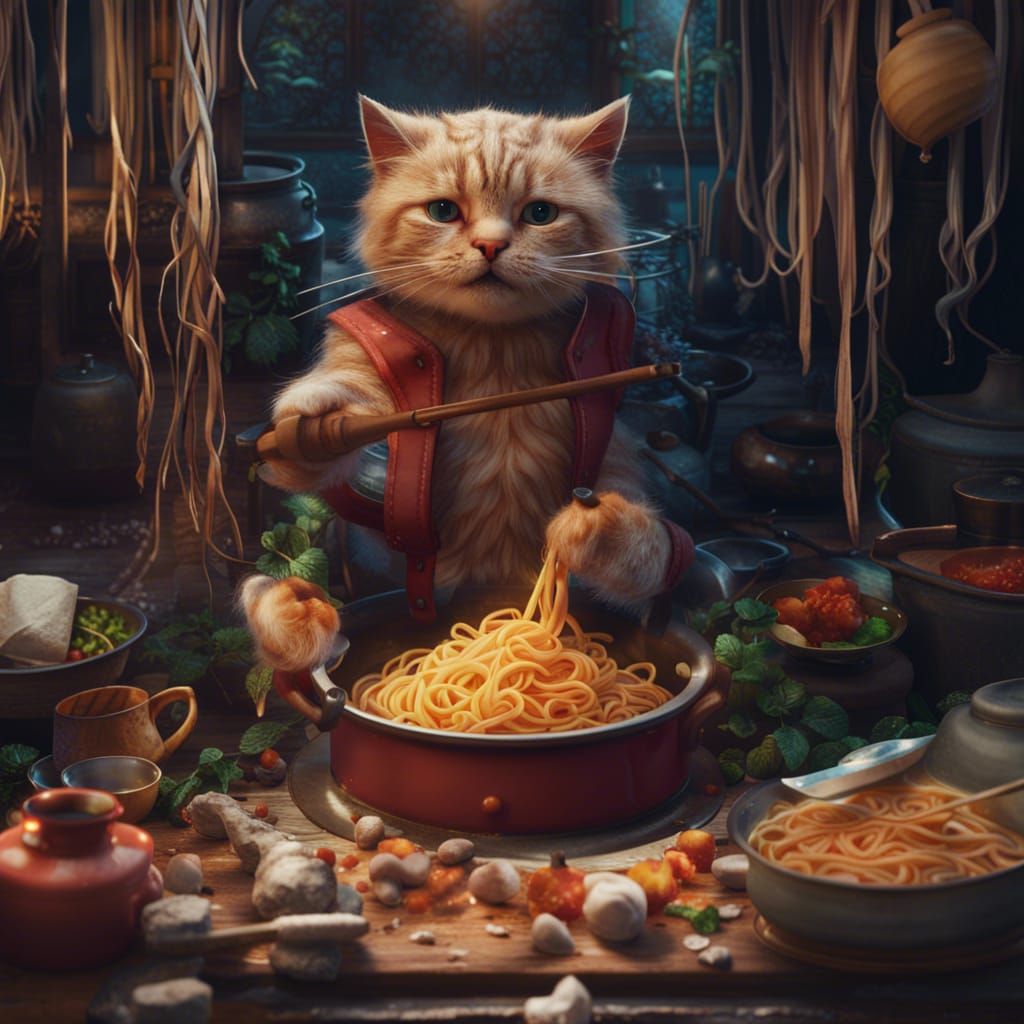 Cat Making Noodles in a Pot - AI Generated Artwork - NightCafe Creator