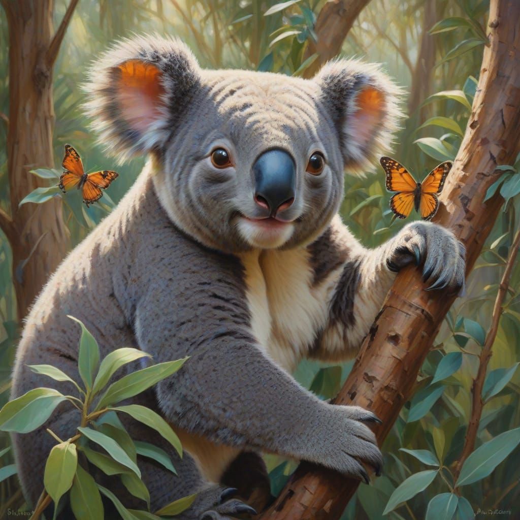 Koalas in Lush Garden: An Oil Painting