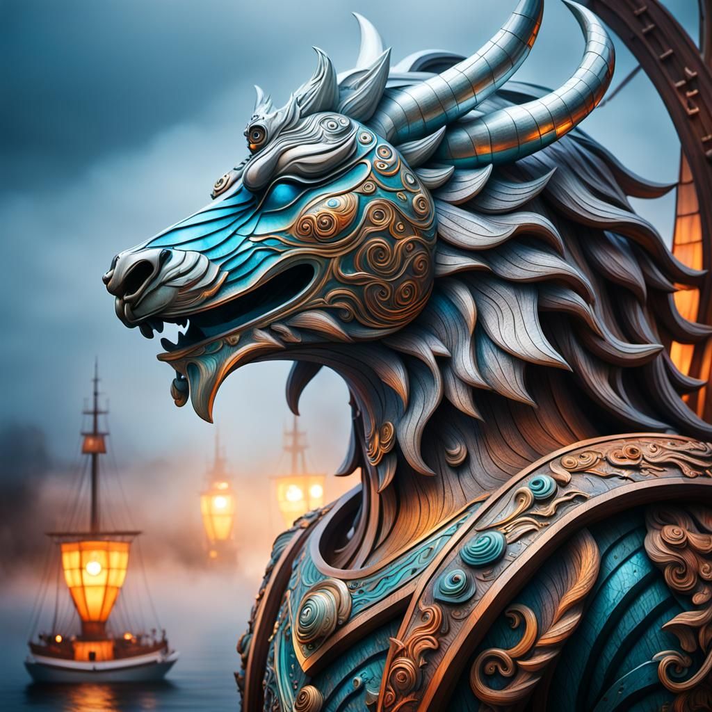 Mythical Ship Figurehead in High-Contrast Photorealism