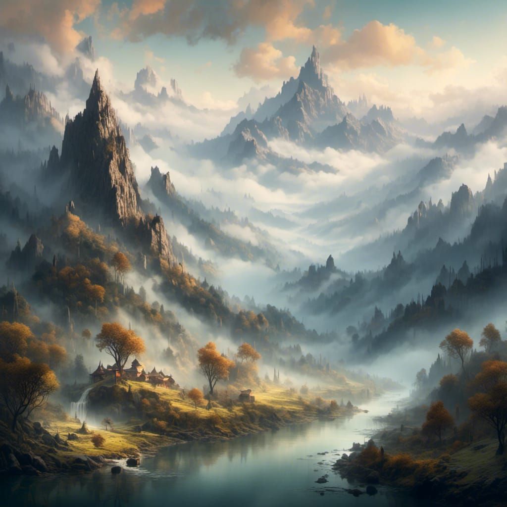 Beautiful misty mountain landscape <lora:DetailedFantasy:1.0> 