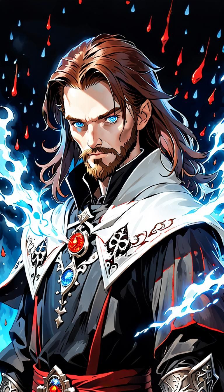 Male Warlock, Well Groomed Beard and long Mahogany Brown Hair, Soulful Blue Eyes, Black and Silver Necromancer Robes, Blood & Fire Raining f...