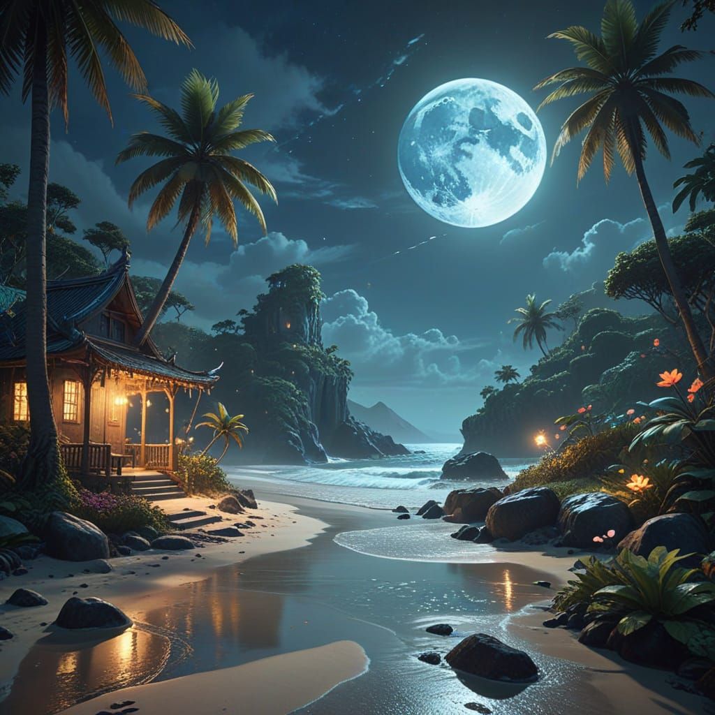 Ethereal Tropical Dreamscape at Dusk - AI Art