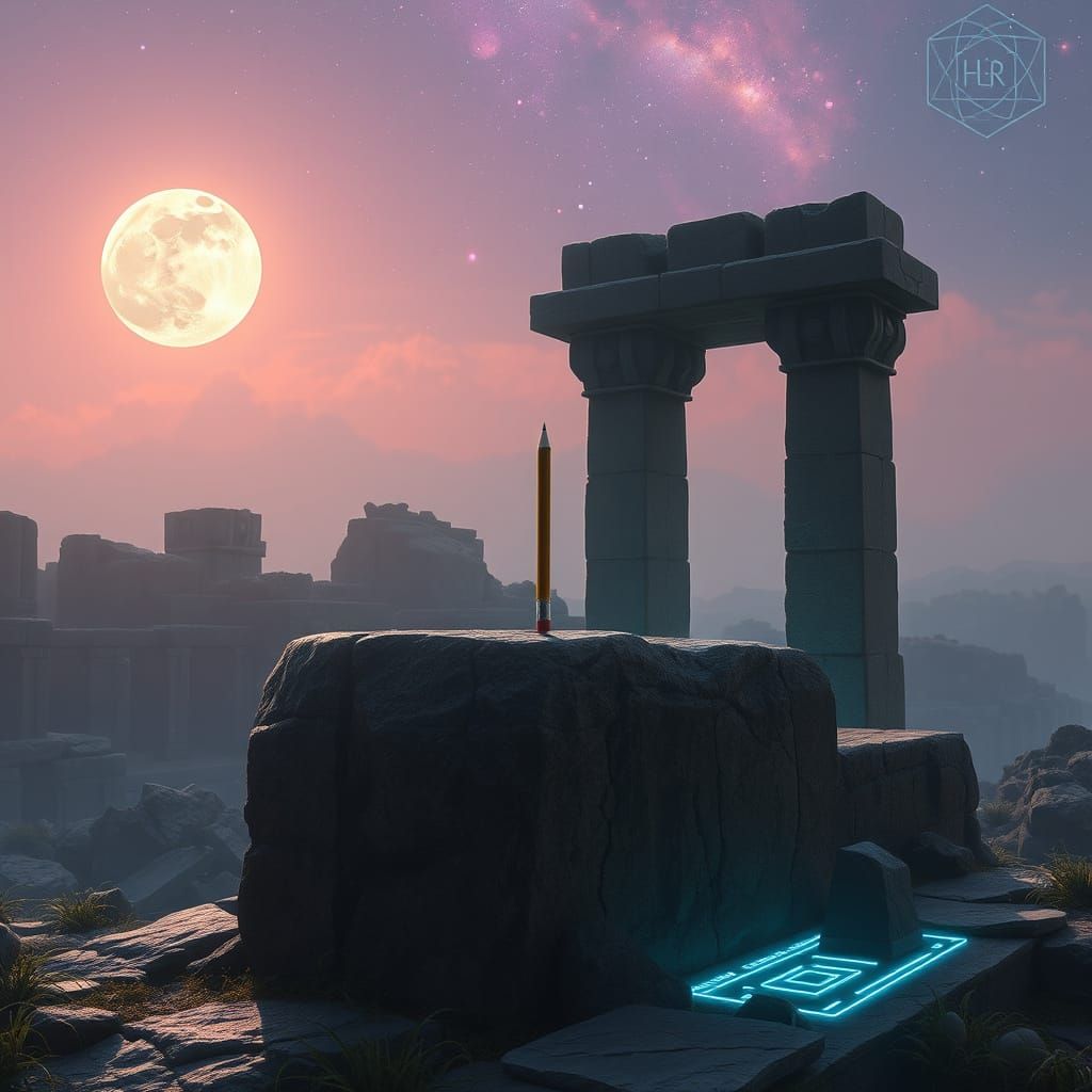 A lone, ancient pencil rests on a crumbling stone altar within vast, overgrown ruins. Ethereal, glowing circuits pulse beneath the stone, hi...