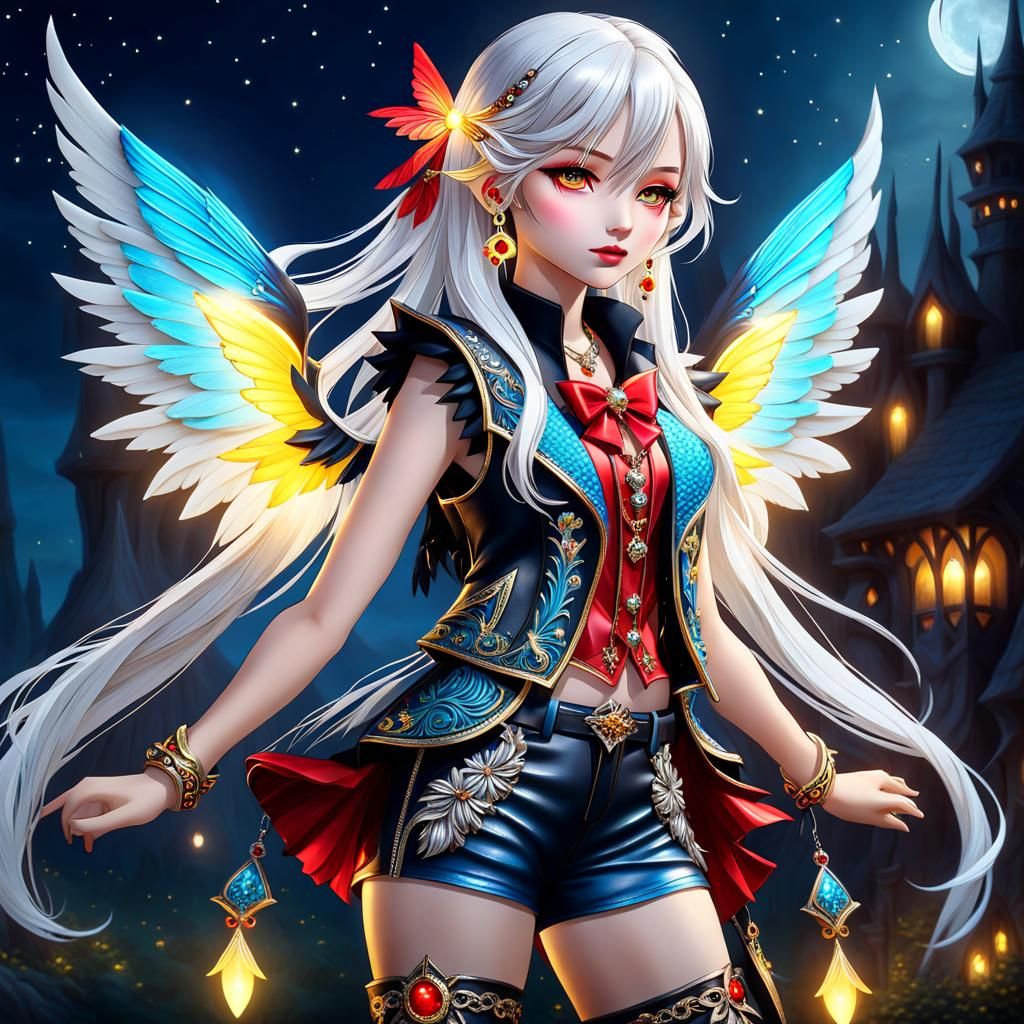 Dark fantasy portrait. Full shot. Petite teen fairy girl wit...