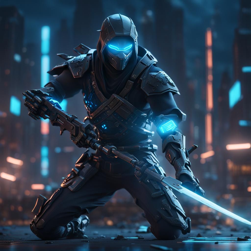 Ninja with neon eyes and neon blue cloths holding a obsidian blade - AI ...