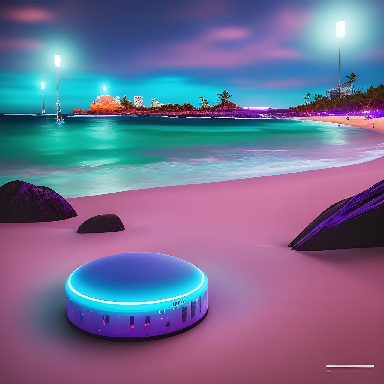 UFO lands on Cyberpunk beach