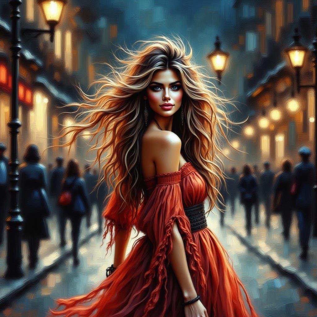 <lora:Beautiful women:1.0> beautiful stunning woman windy walking down a London street at night grungy, gritty grunge antique watercolor st...
