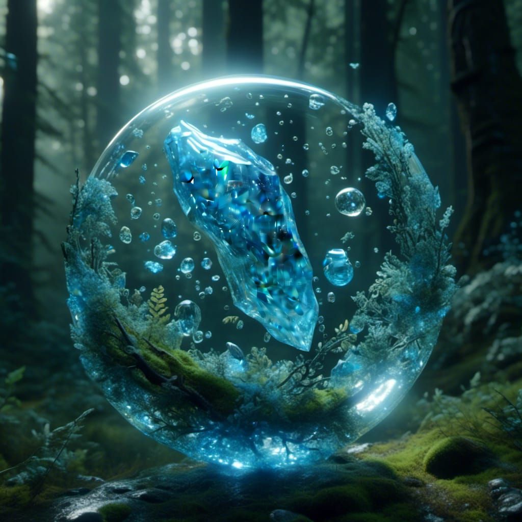 <lora:Mixperiment:1.0>  blue reflective crystal ghost flying through saran wrap that has alka seltzer bubbles and glitter inside floating ar...