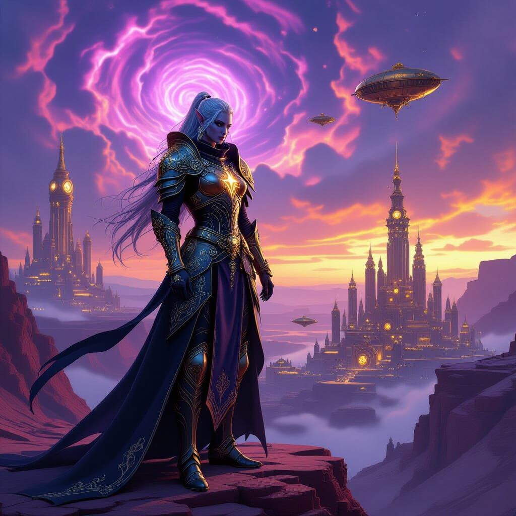 A majestic Drow elf paladin, clad in ornate, dark steel armor with glowing arcane sigils, stands atop a windswept, alien mesa. Below, a spra...