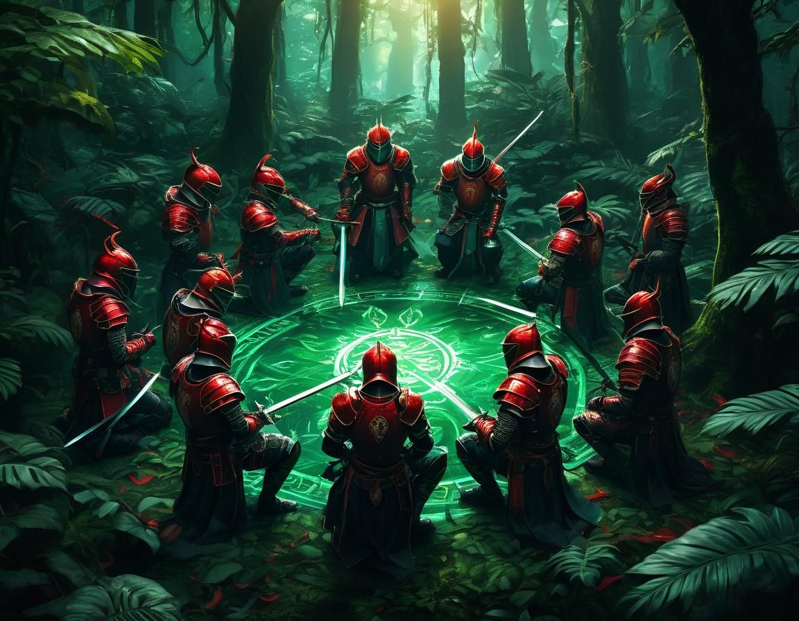Top view Knights clad in Scarlet Red armor with drawn swords...